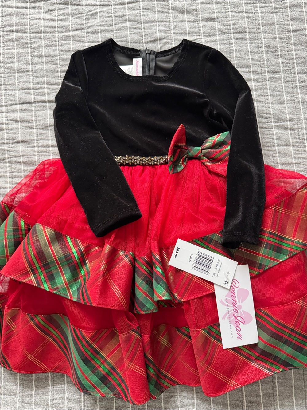 Bonnie Jean Black, Red & Green Plaid Holiday Tulle Dress